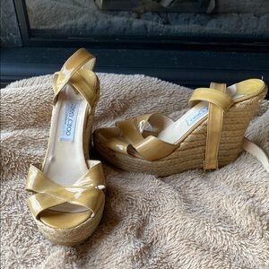 Jimmy Choo Tan Patent Wedge Sandals